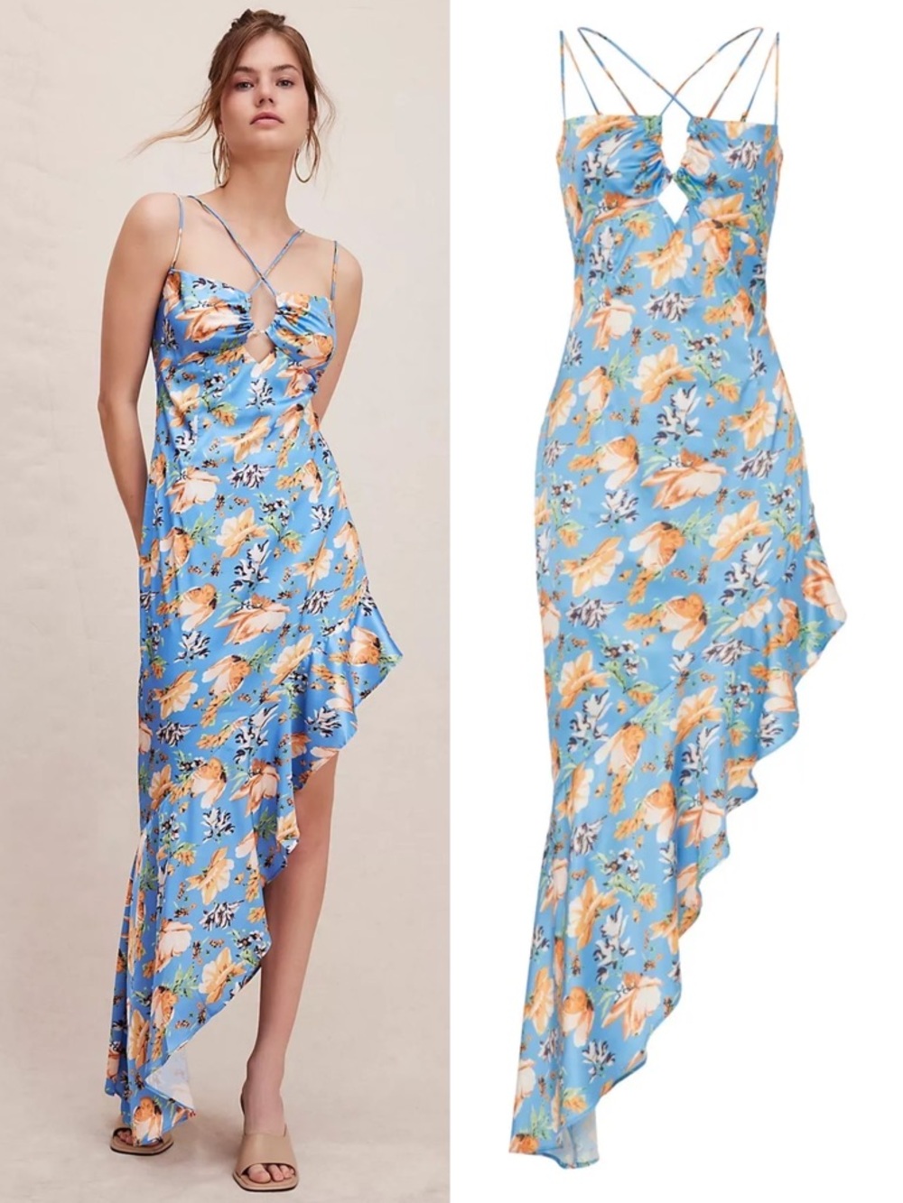 Nookie Simone Cut Out Asymmetrical Frill Maxi Dress Blue Yellow Floral Medium